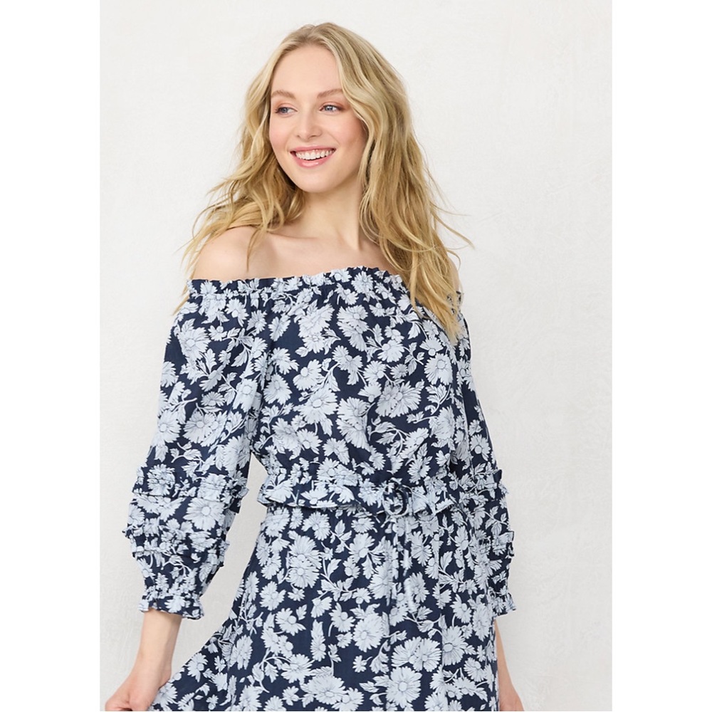 NWT LC Lauren Conrad Off-The-Shoulder Puff Sleeve Top Blue Floral Size XXL